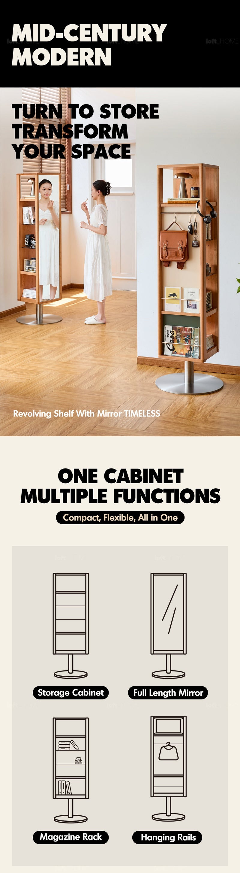 more product details and feature of Scandinavian Cherry Wood Revolving Shelf With Mirror TIMELESS