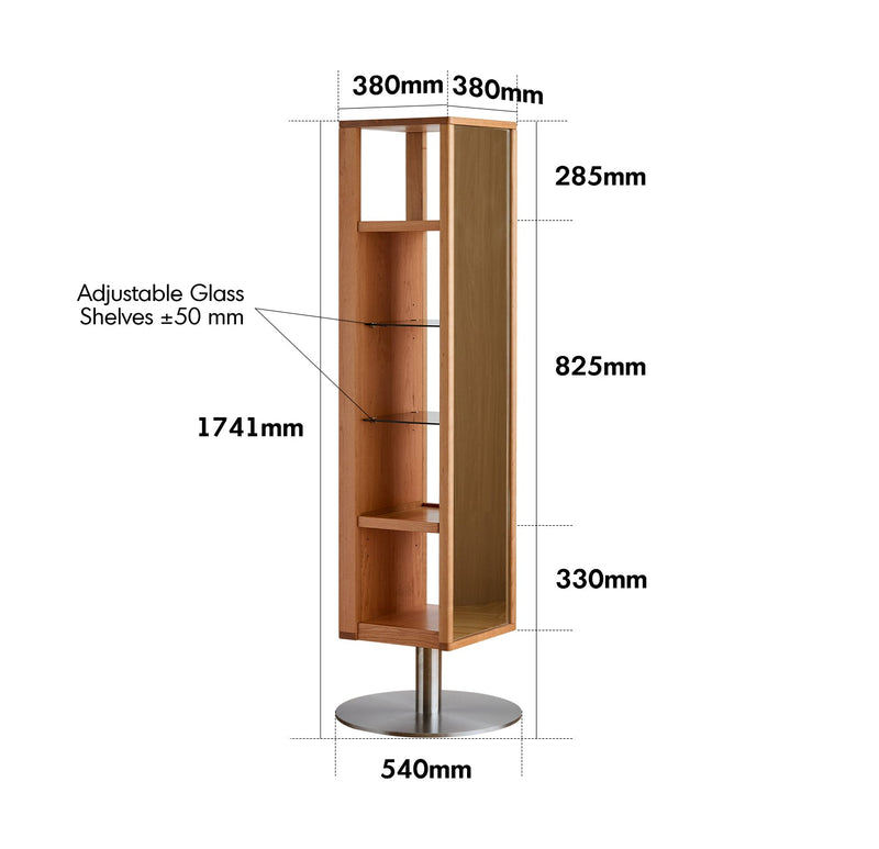 dimension detail diagram of Scandinavian Cherry Wood Revolving Shelf With Mirror TIMELESS