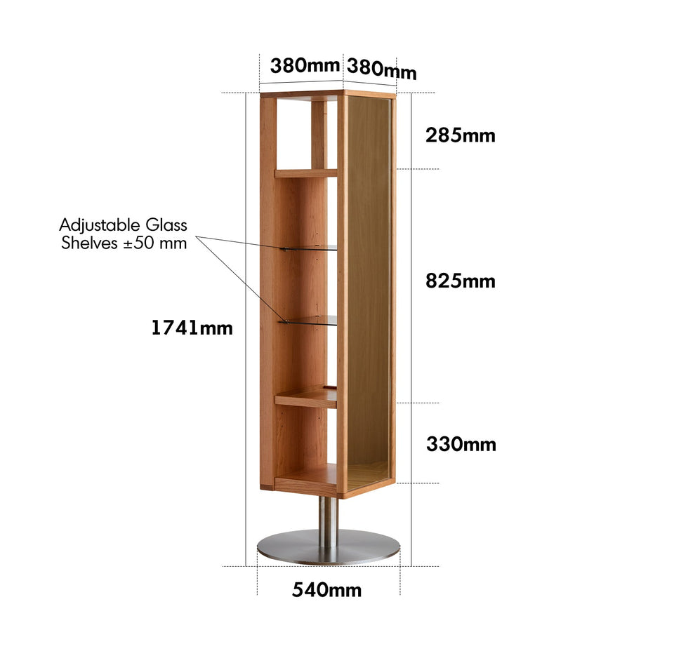 dimension detail diagram of Scandinavian Cherry Wood Revolving Shelf With Mirror TIMELESS