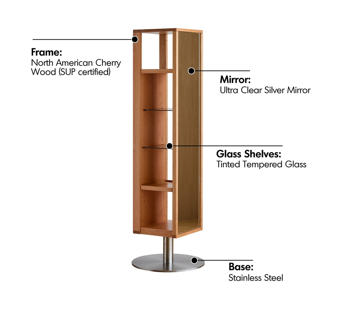 more material details of Scandinavian Cherry Wood Revolving Shelf With Mirror TIMELESS