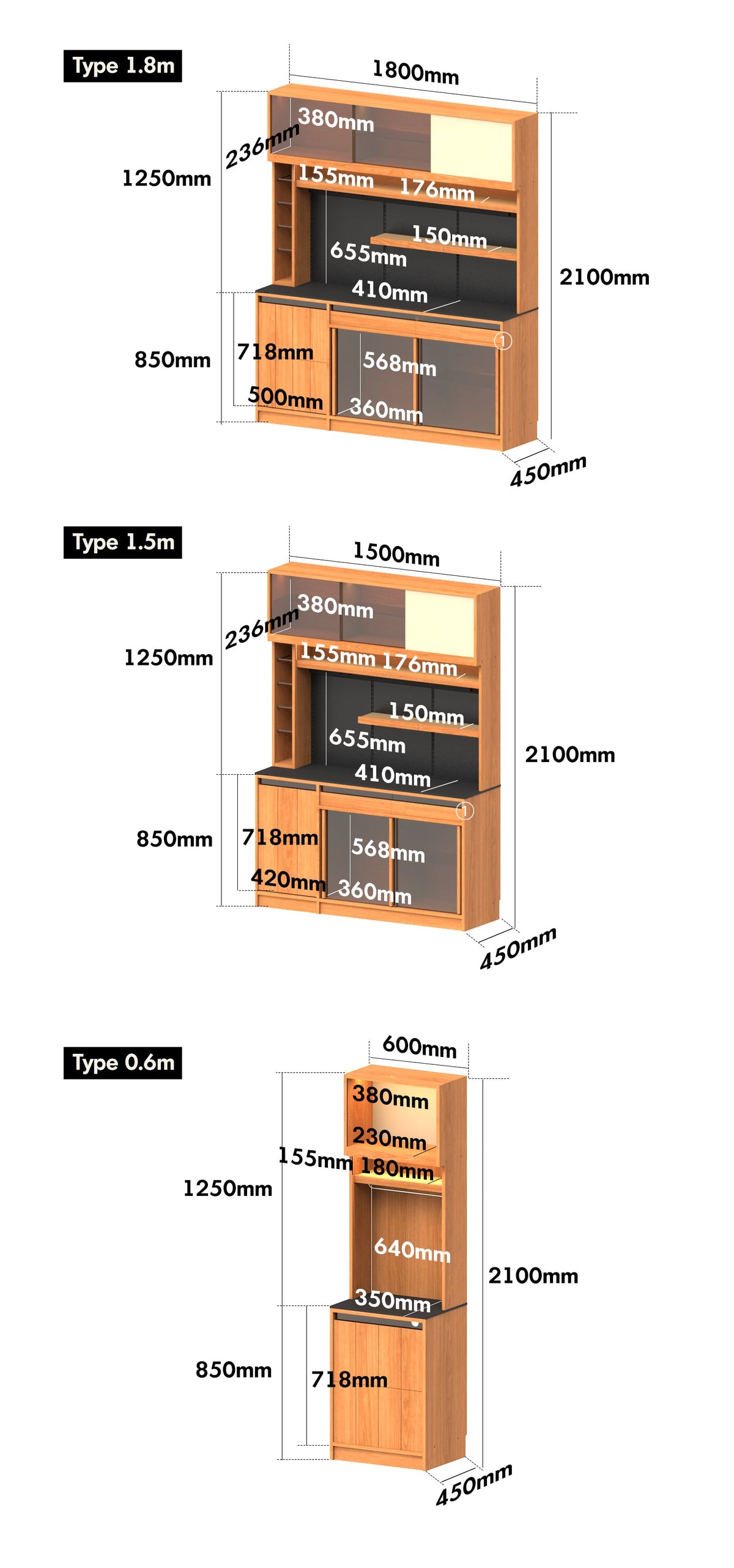 dimension detail diagram of Scandinavian Cherry Wood Sintered Stone Side Cabinet TIMELESS
