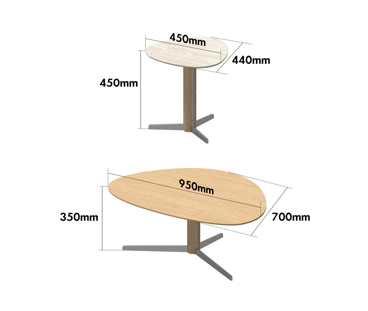 dimension detail diagram of Minimalist Oak Wood Veneer Sintered Stone Coffee Table Set SOL