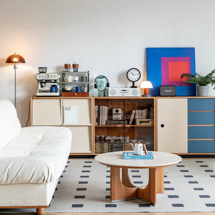 Scandinavian cherry wood modular cabinet time material variants.