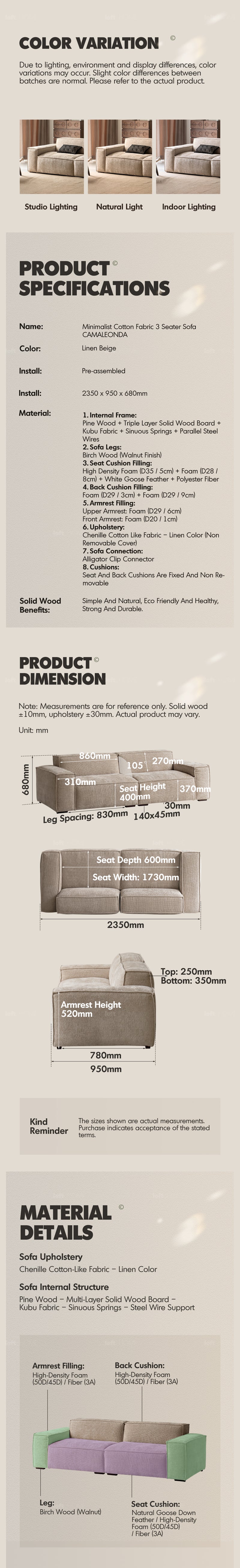 more product details and feature of Minimalist Linen Fabric 4 Seater Sofa CAMALEONDA