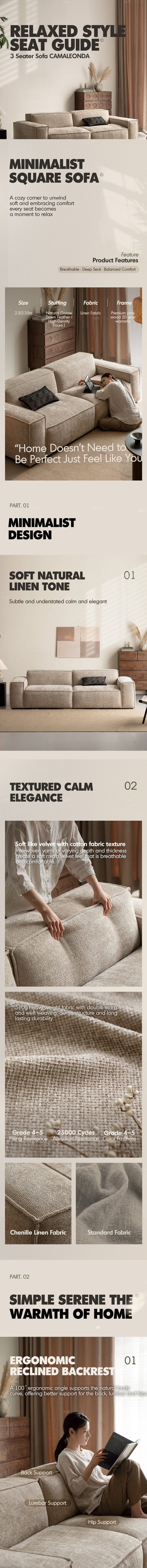 Minimalist Linen Fabric 4 Seater Sofa CAMALEONDA Good to Know Preview-1