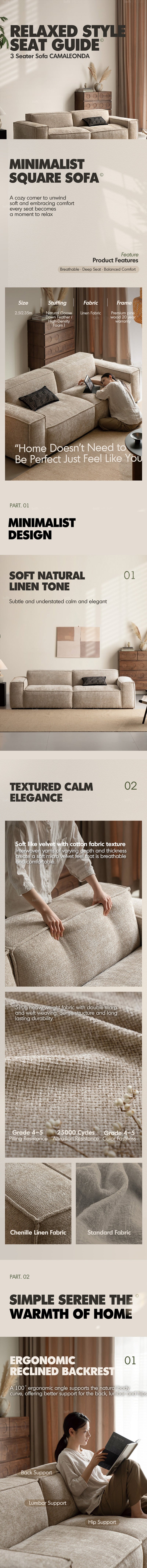 more product details and feature of Minimalist Linen Fabric 4 Seater Sofa CAMALEONDA