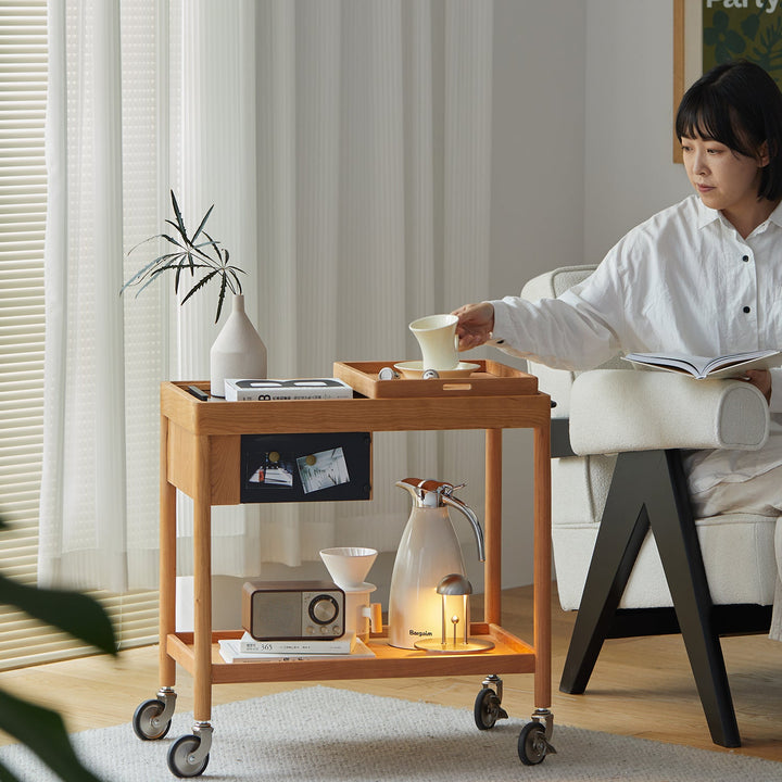 Scandinavian Cherry Wood Wheeled Trolley Side Table POCKET