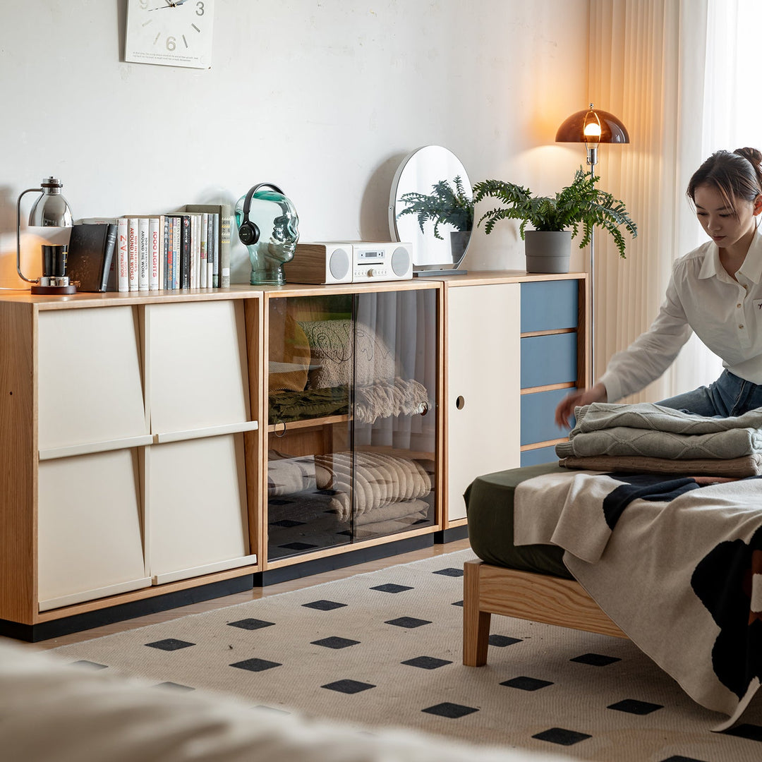 Scandinavian cherry wood modular cabinet time in real life style.