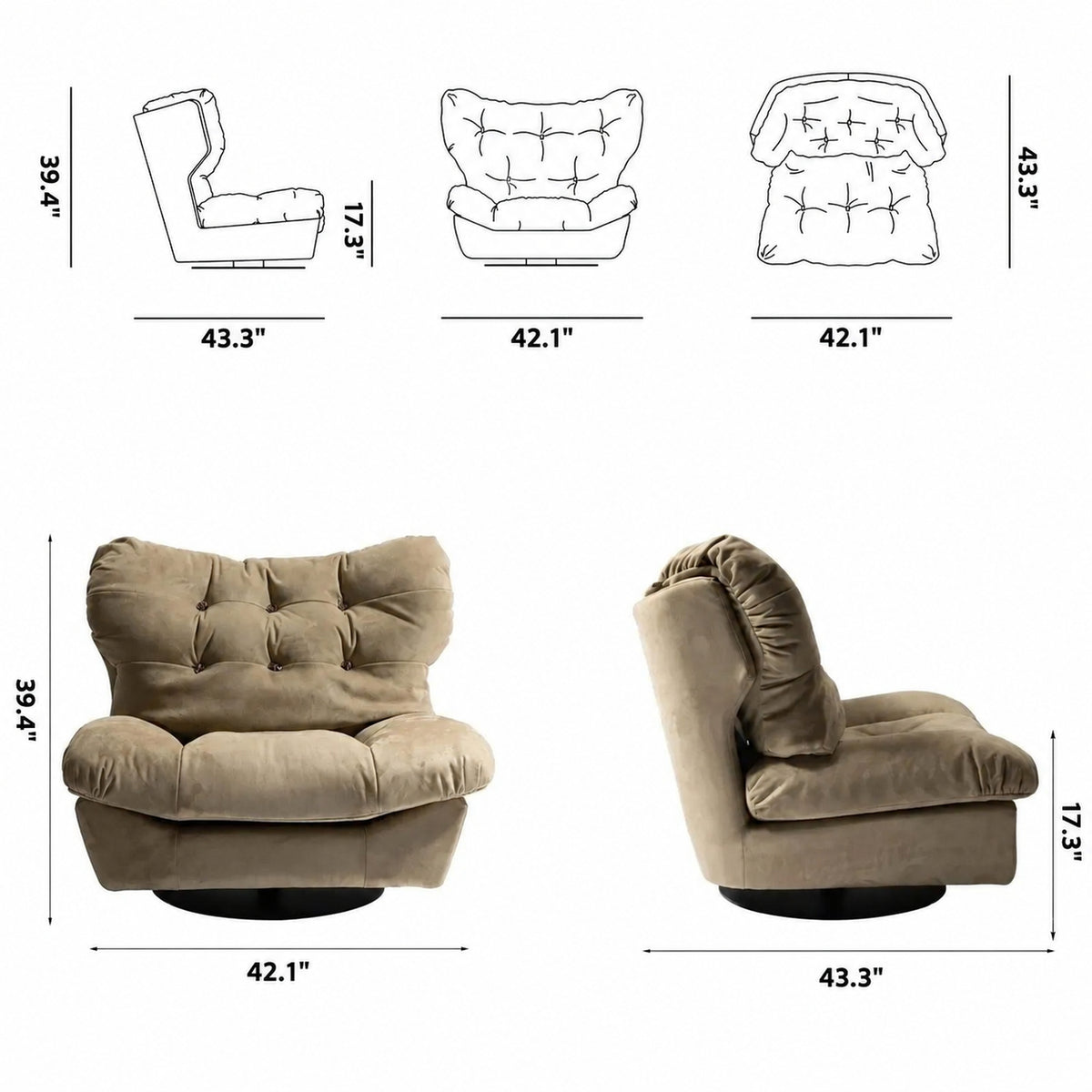 Cream Suede Fabric Revolving 1 Seater Sofa MILANO Size Chart
