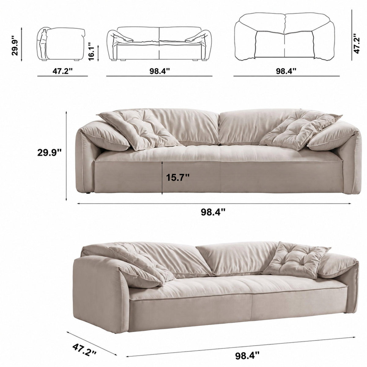 Cream Suede Fabric 3 Seater Sofa CASABLANCA Size Chart