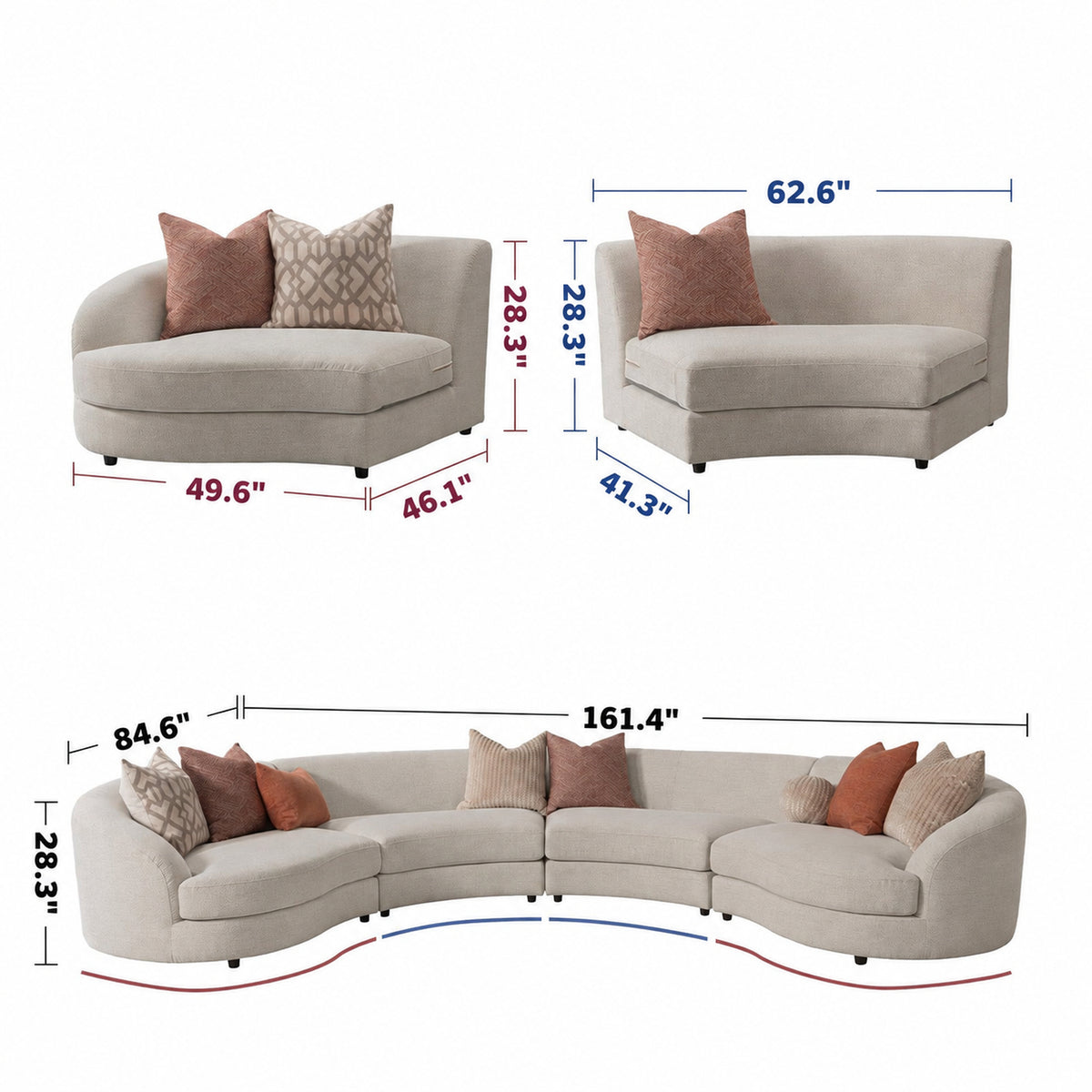 Cream Fabric Modular L Shape Sectional Sofa GROOVE 3+3 Size Chart