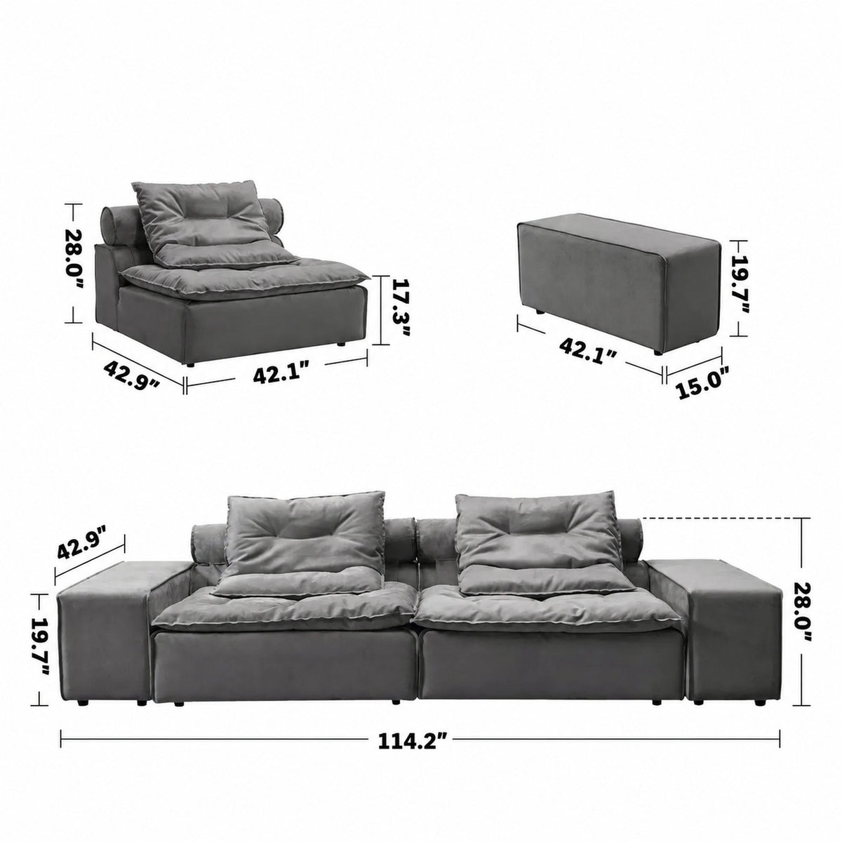 Modern Fabric Modular 3 Seater Sofa WOOLEN Size Chart