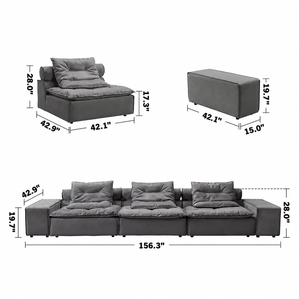 Modern Fabric Modular 6 Seater Sofa WOOLEN Size Chart