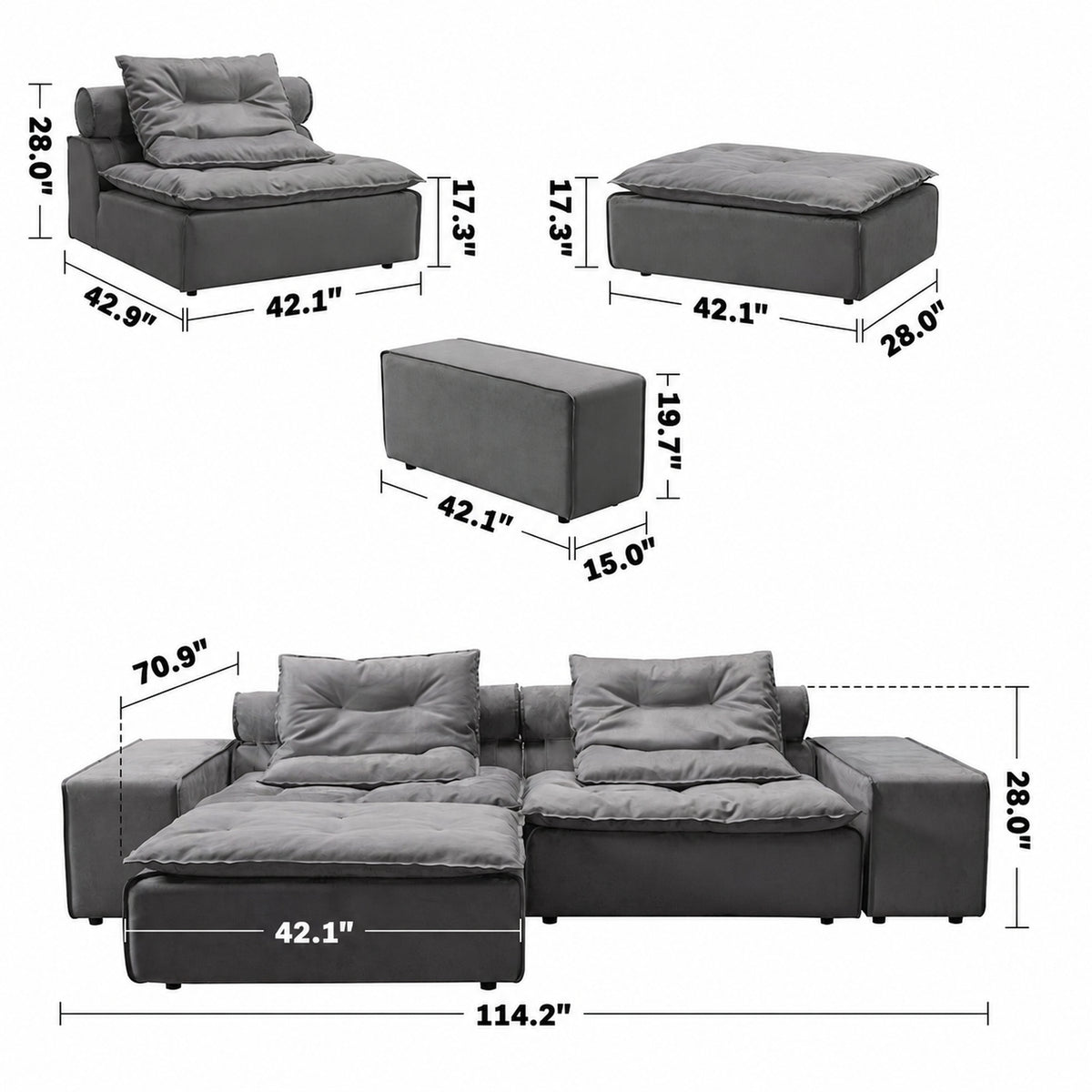 Modern Fabric Modular 3 Seater Sofa With Ottoman WOOLEN Size Chart
