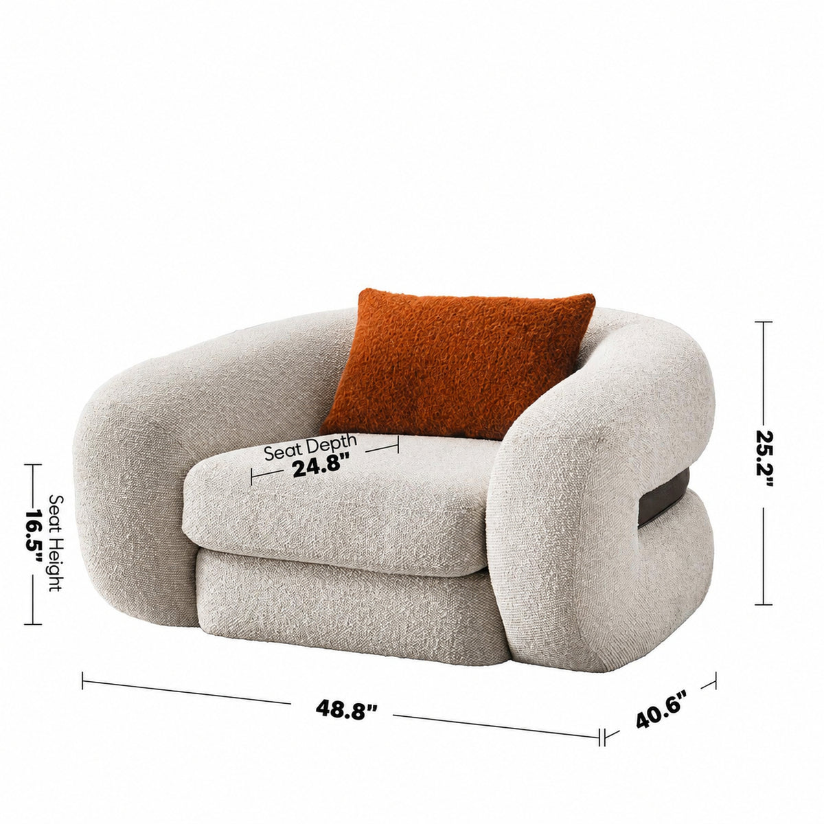 Cream Boucle Fabric 1 Seater Sofa CURLY Size Chart
