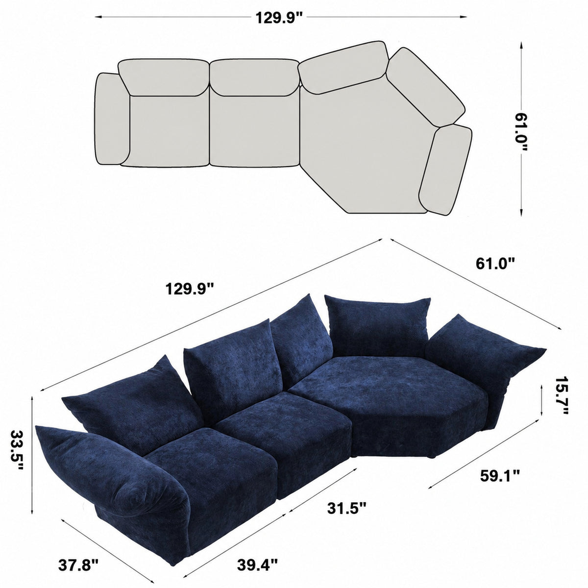 Modern Velvet Fabric L Shape Sectional Sofa FLOWER 3+L Size Chart