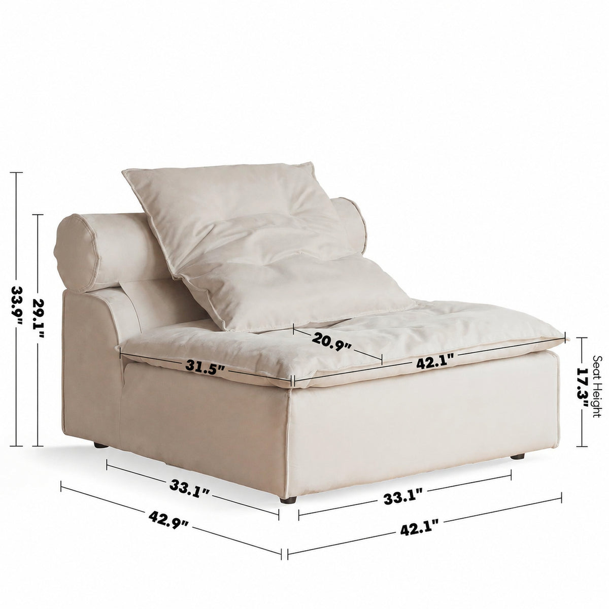 Modern Suede Fabric Modular Armless 1 Seater Sofa BLOOM Size Chart
