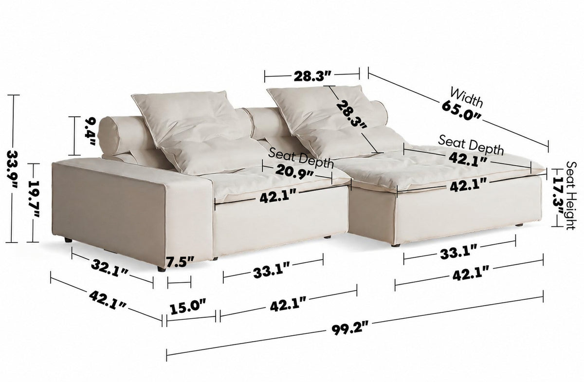 Modern Suede Fabric Modular L Shape Sectional Sofa 2+L BLOOM Size Chart