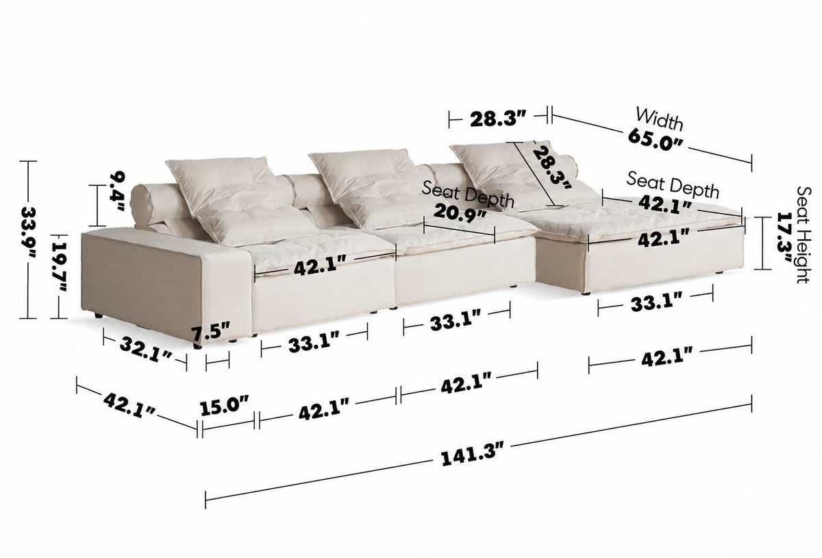 Modern Suede Fabric Modular L Shape Sectional Sofa 4+L BLOOM Size Chart
