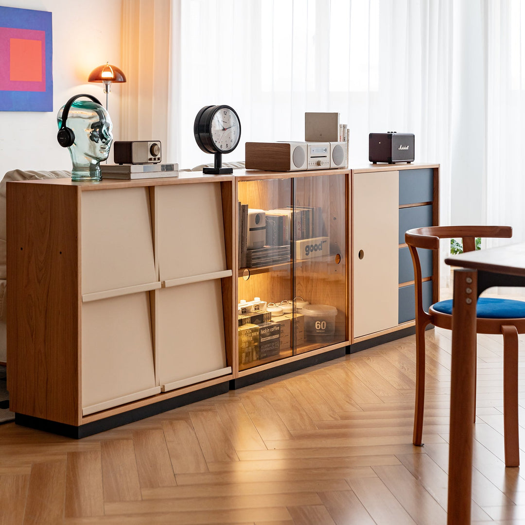 Scandinavian cherry wood modular cabinet time with context.