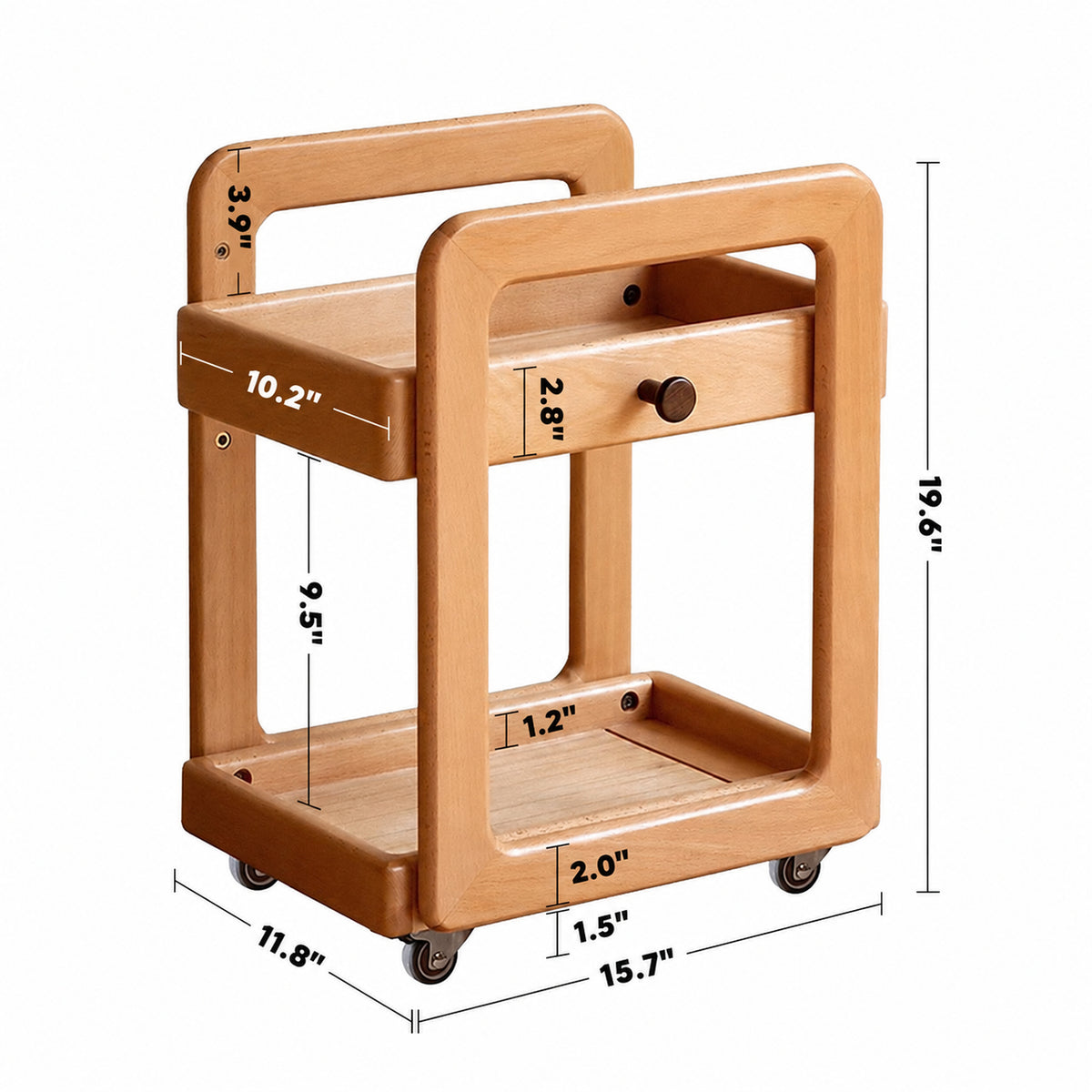 Scandinavian Beech Wood Wheeled Trolley Side Table VERA Size Chart