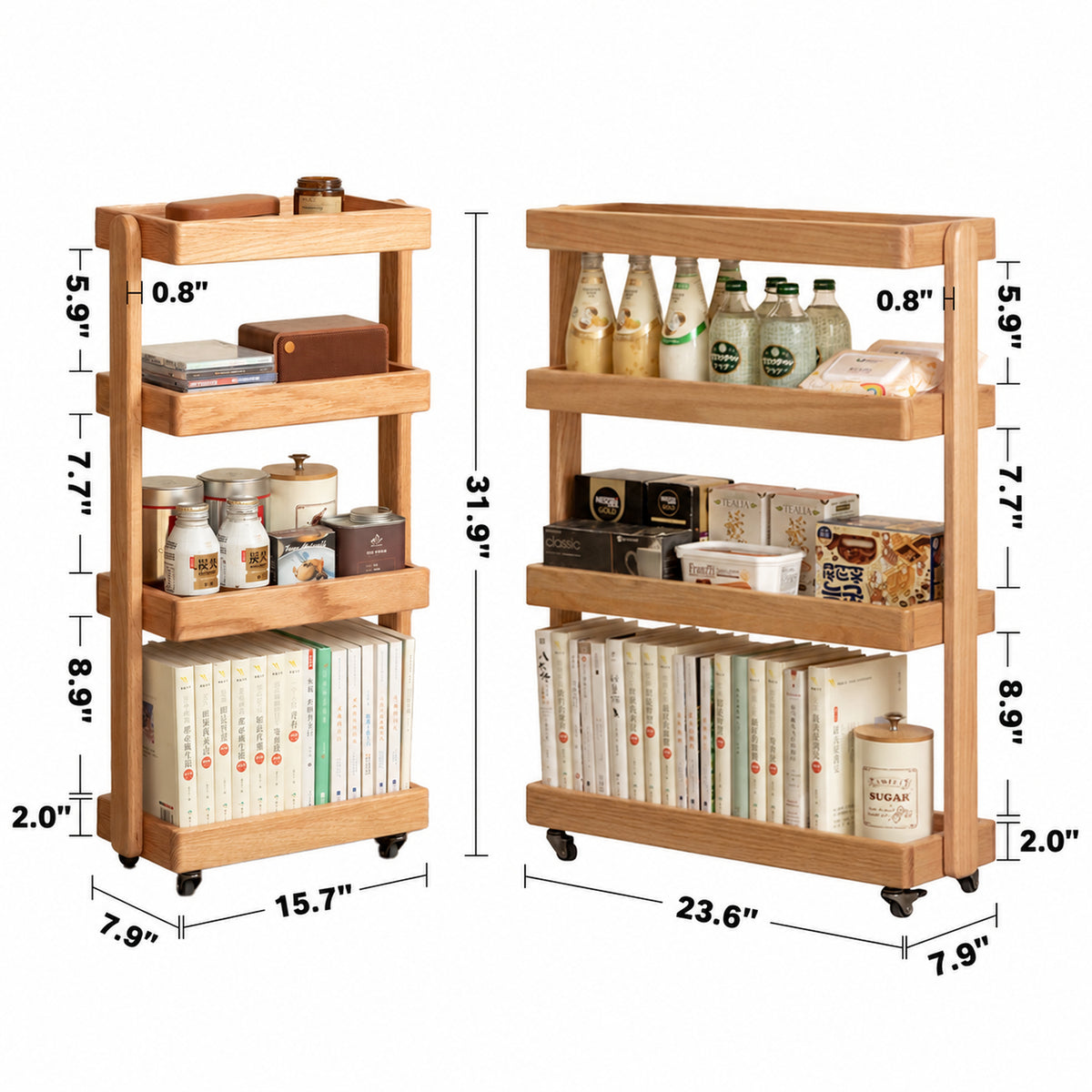 Scandinavian Oak Wood Wheeled Trolley Side Table MIRA Size Chart