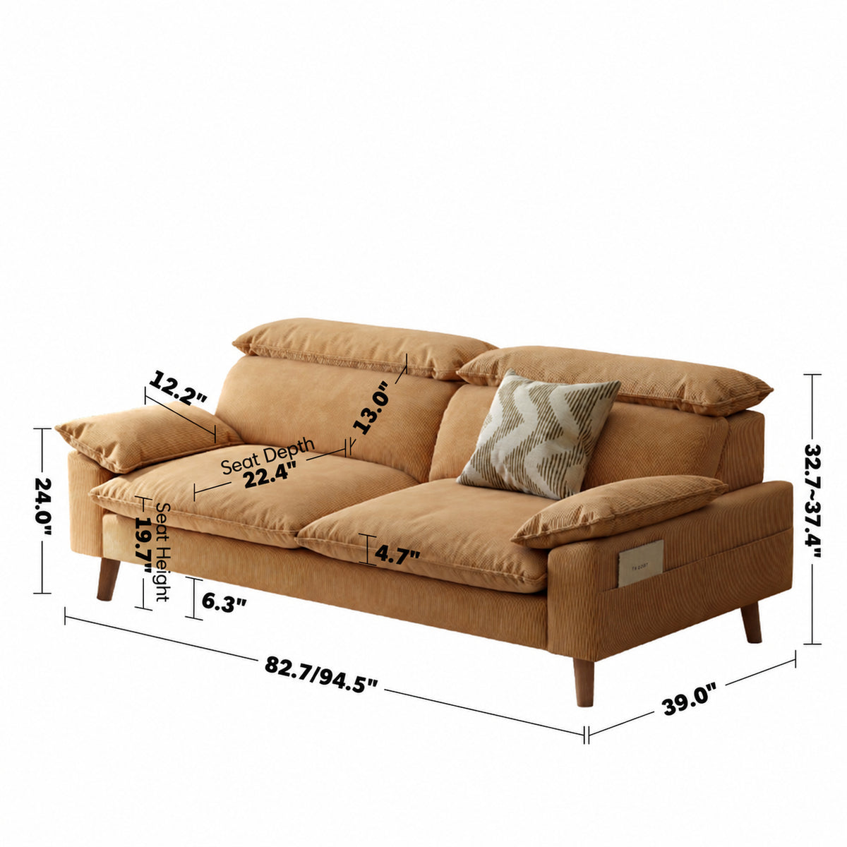 Scandinavian Corduroy Velvet Fabric 3 Seater Sofa CORDY Size Chart