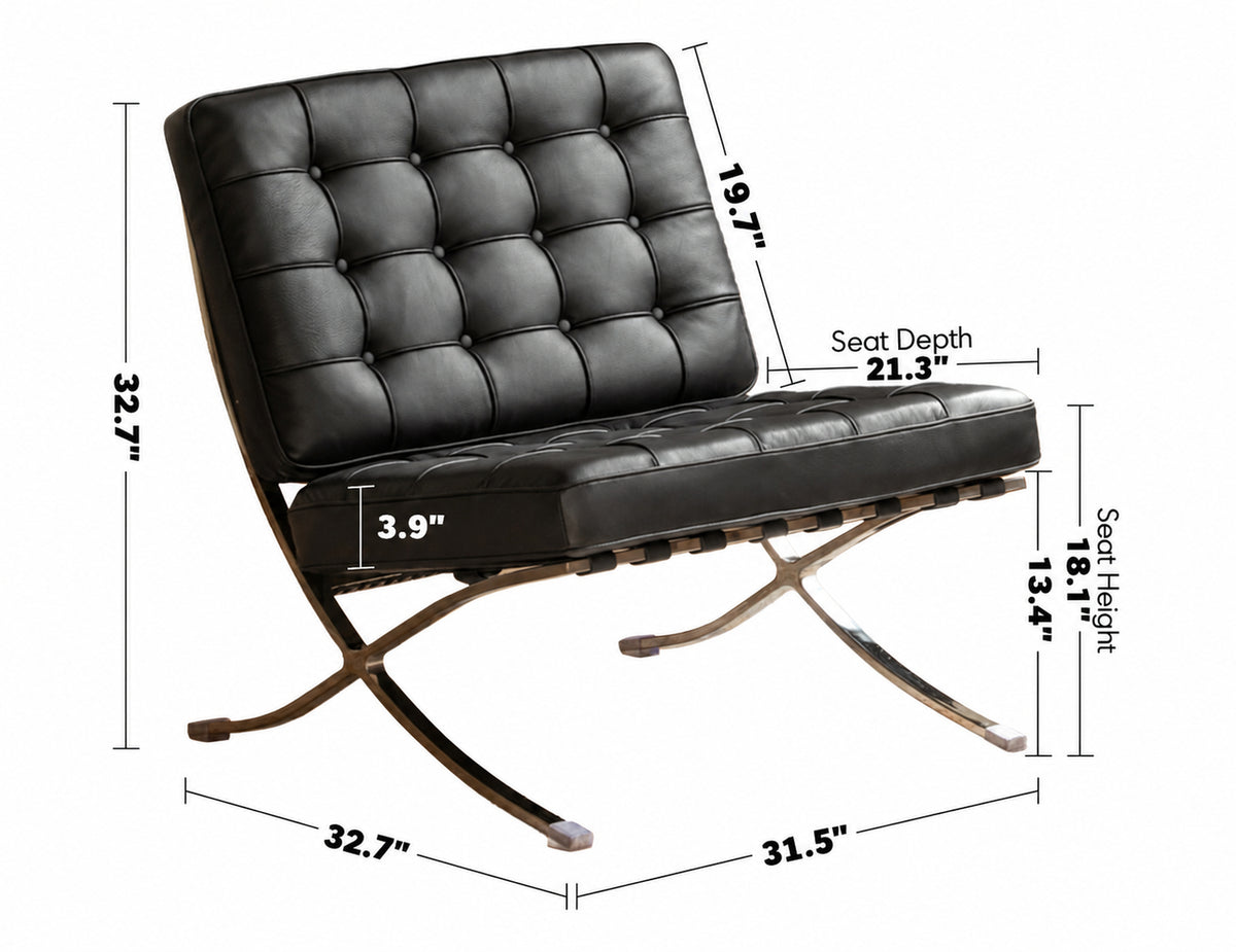 Bauhaus Genuine Leather 1 Seater Sofa BARCELONA Size Chart
