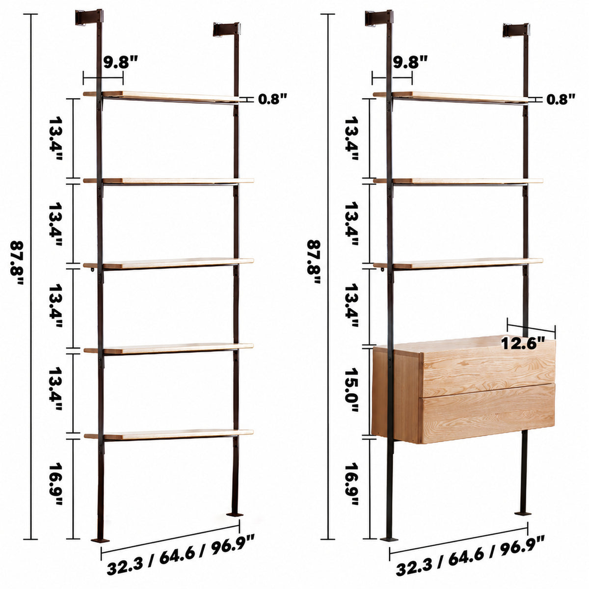Industrial Oak Wood Wall Mounted Display Shelf SHELFIX Size Chart