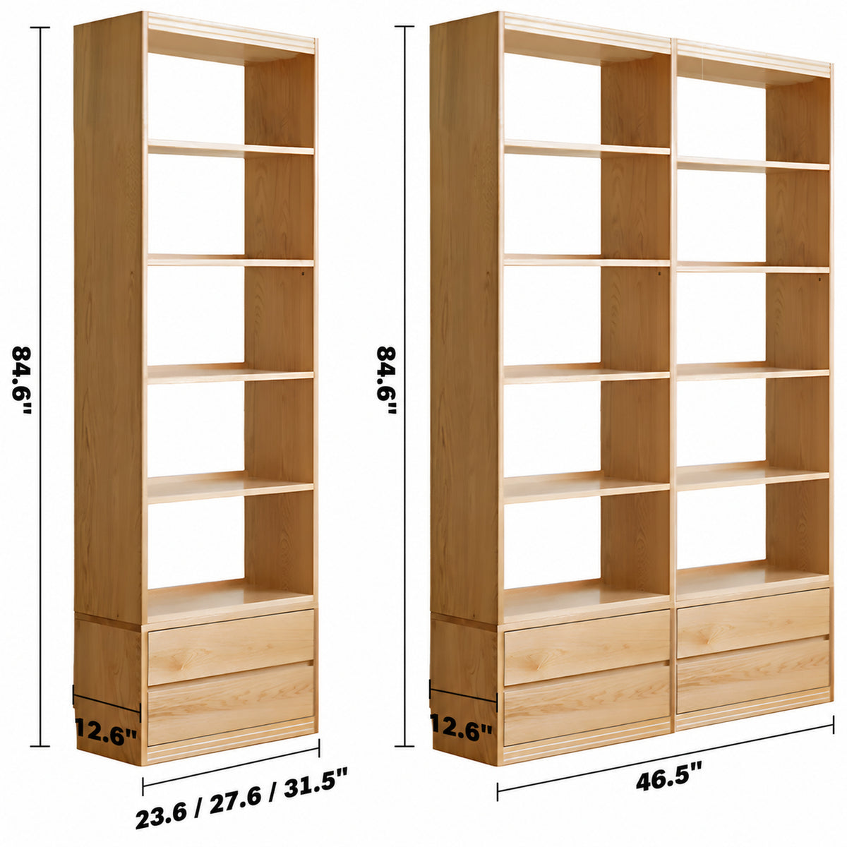 Scandinavian Oak Wood Bookshelf SHELFIX Size Chart