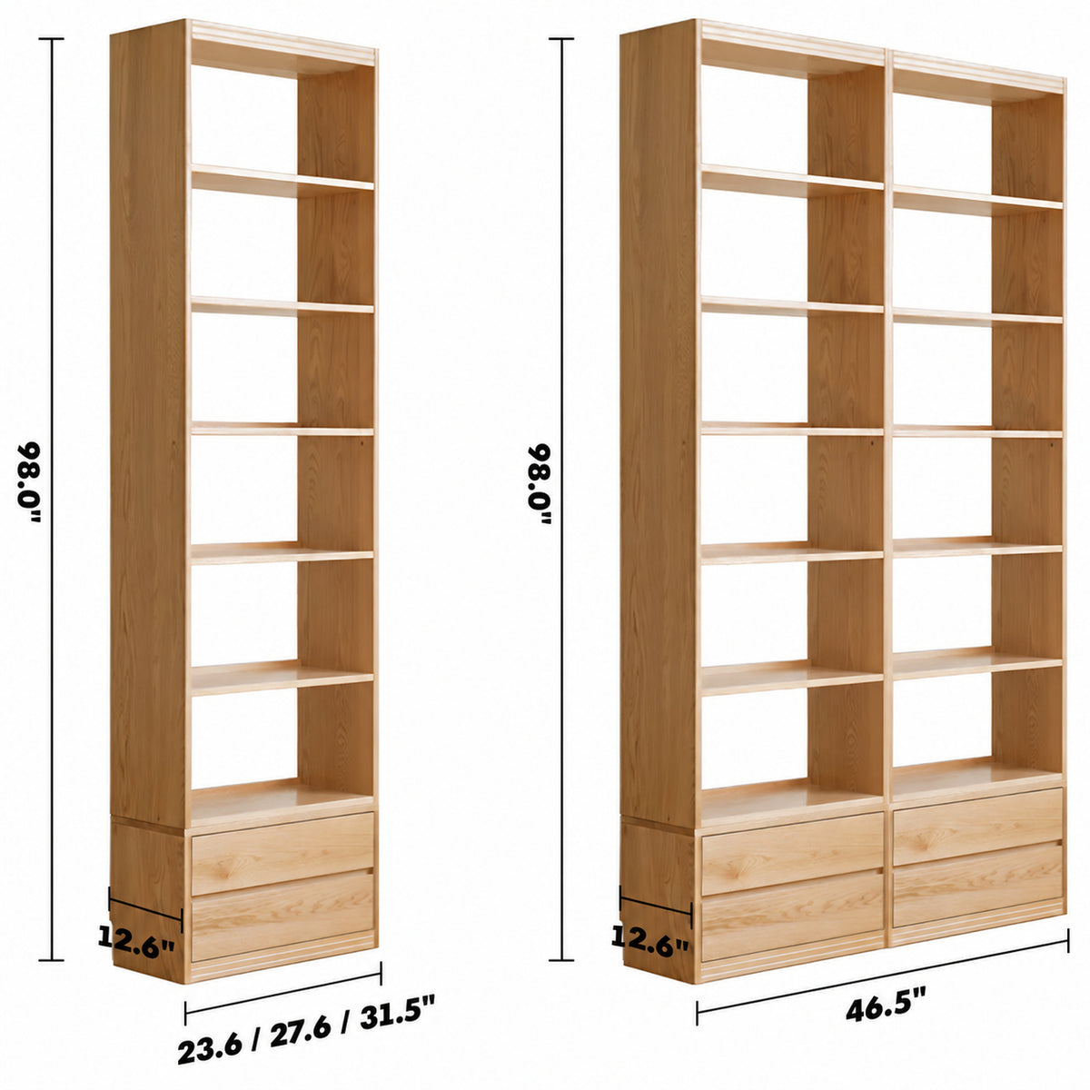 Scandinavian Oak Wood Bookshelf SHELFIX Size Chart_2