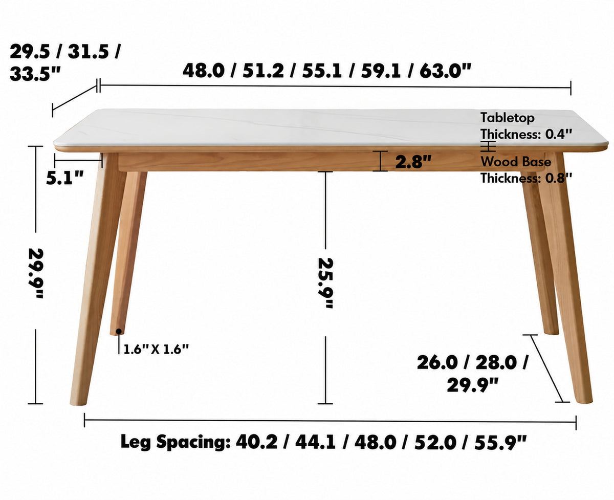 Scandinavian Oak Wood Sintered Stone Dining Table AURA Size Chart