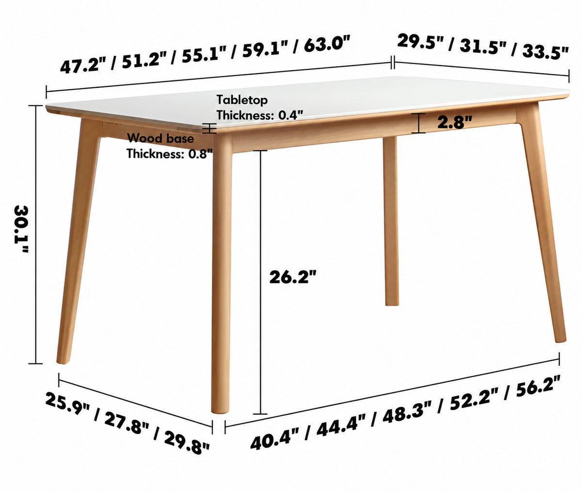 Scandinavian Beech Wood Sintered Stone Dining Table LUNA Size Chart
