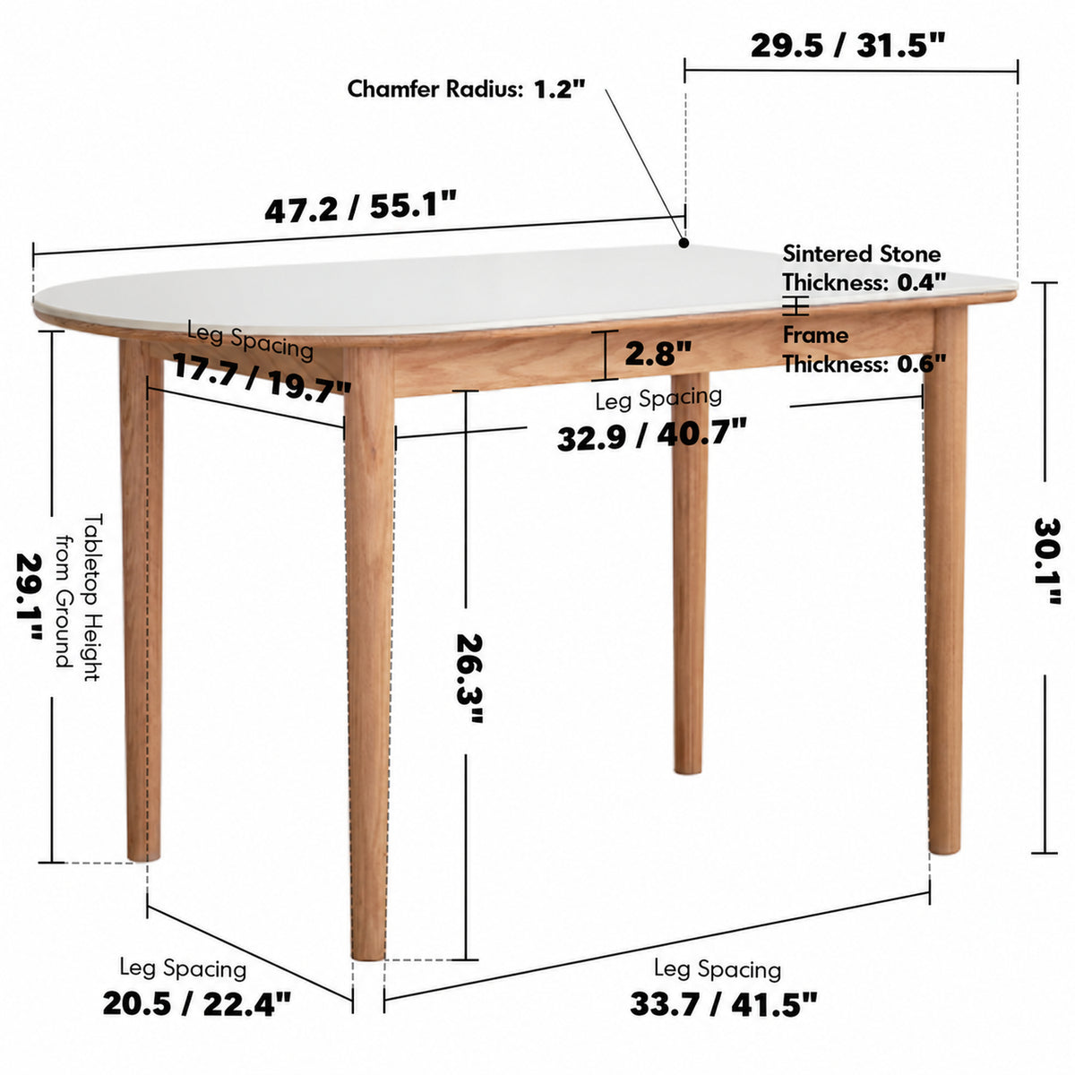 Scandinavian Oak Wood Sintered Stone Half Oval Dining Table HALO Size Chart
