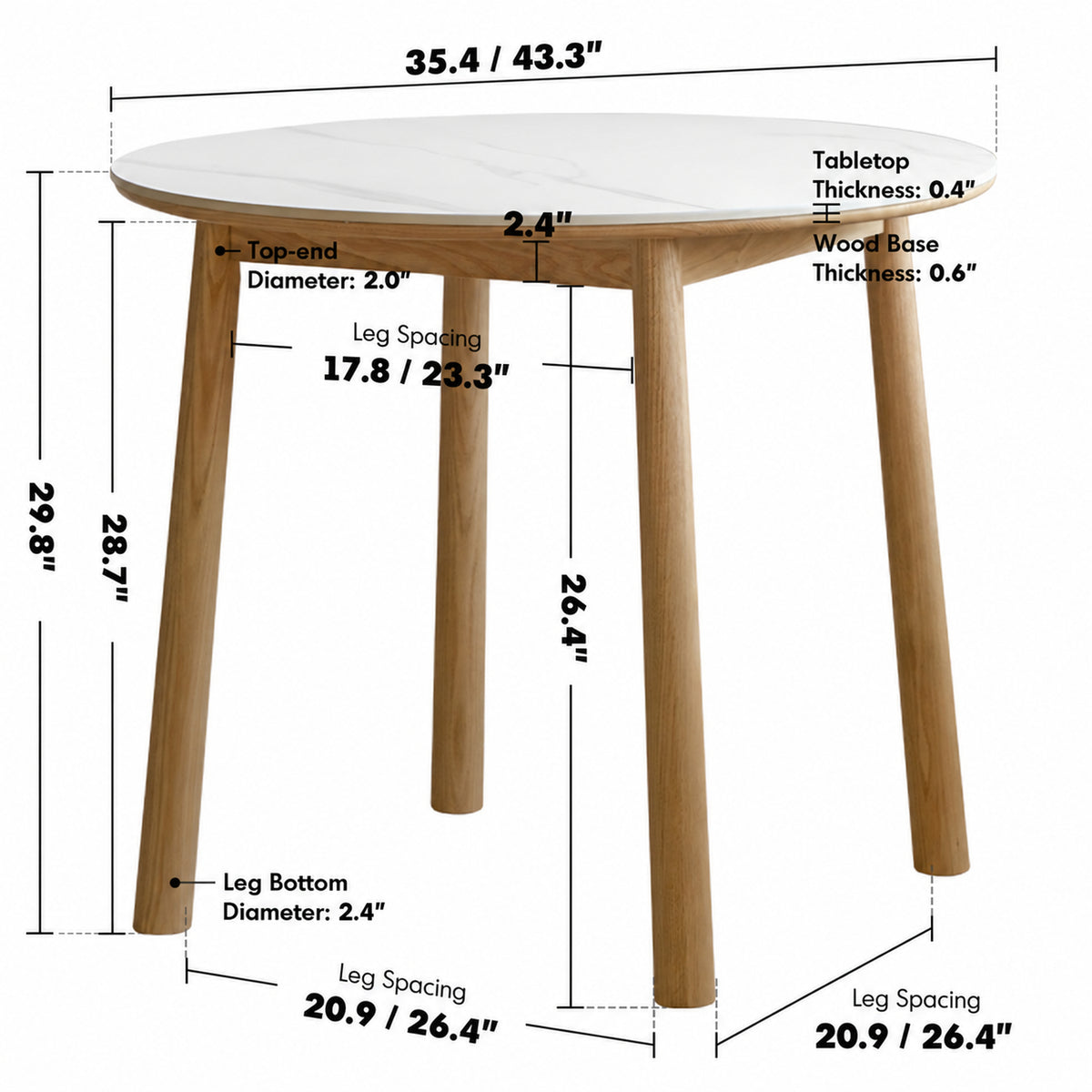 Scandinavian Oak Wood Sintered Stone Round Dining Table ORB Size Chart