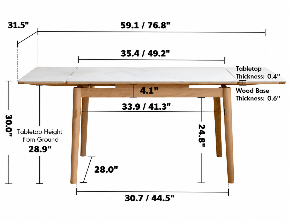 Scandinavian Oak Wood Sintered Stone Extendable Dining Table FLEX Size Chart
