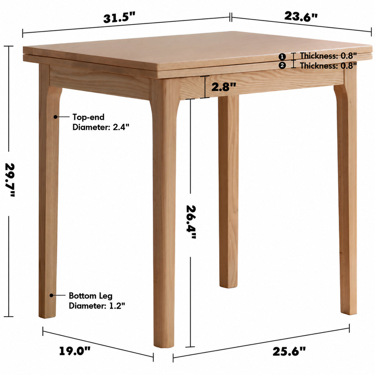 Scandinavian Oak Wood Extendable Dining Table PRIVOT Size Chart