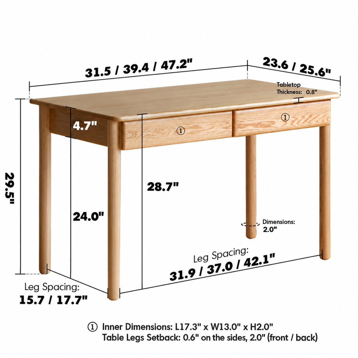 Scandinavian Oak Wood Study Table With Shelf LUMEO Size Chart