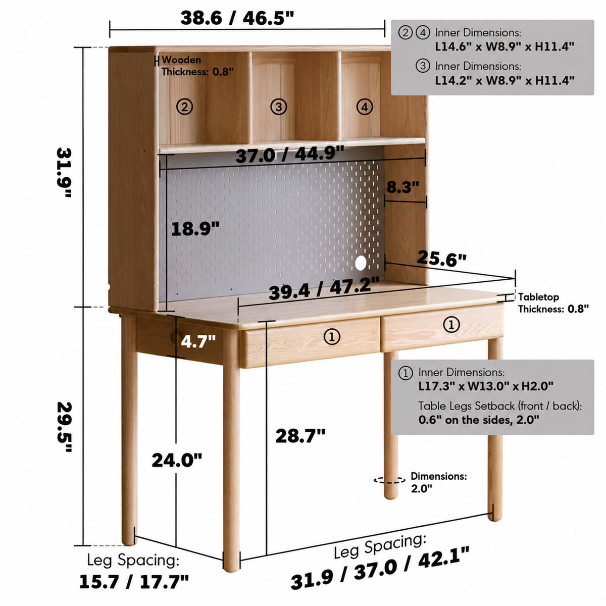 Scandinavian Oak Wood Study Table With Shelf LUMEO Size Chart_2