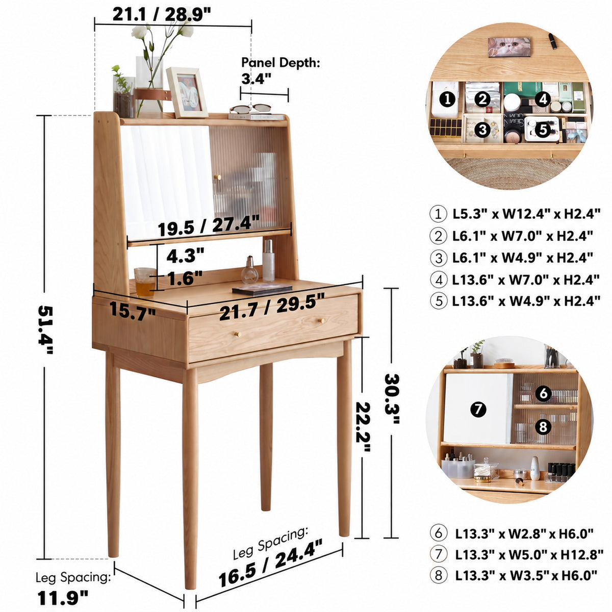 Scandinavian Oak Wood Moru Glass Dressing Table With Mirror GLEAM Size Chart