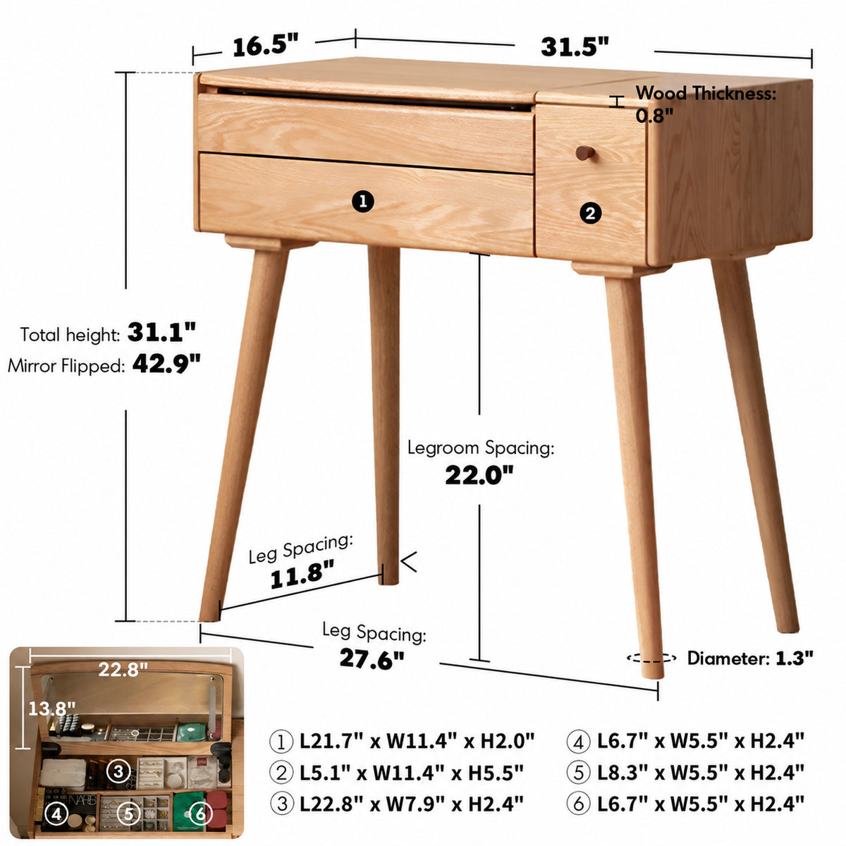 Scandinavian Oak Wood Dressing Table AURA Size Chart