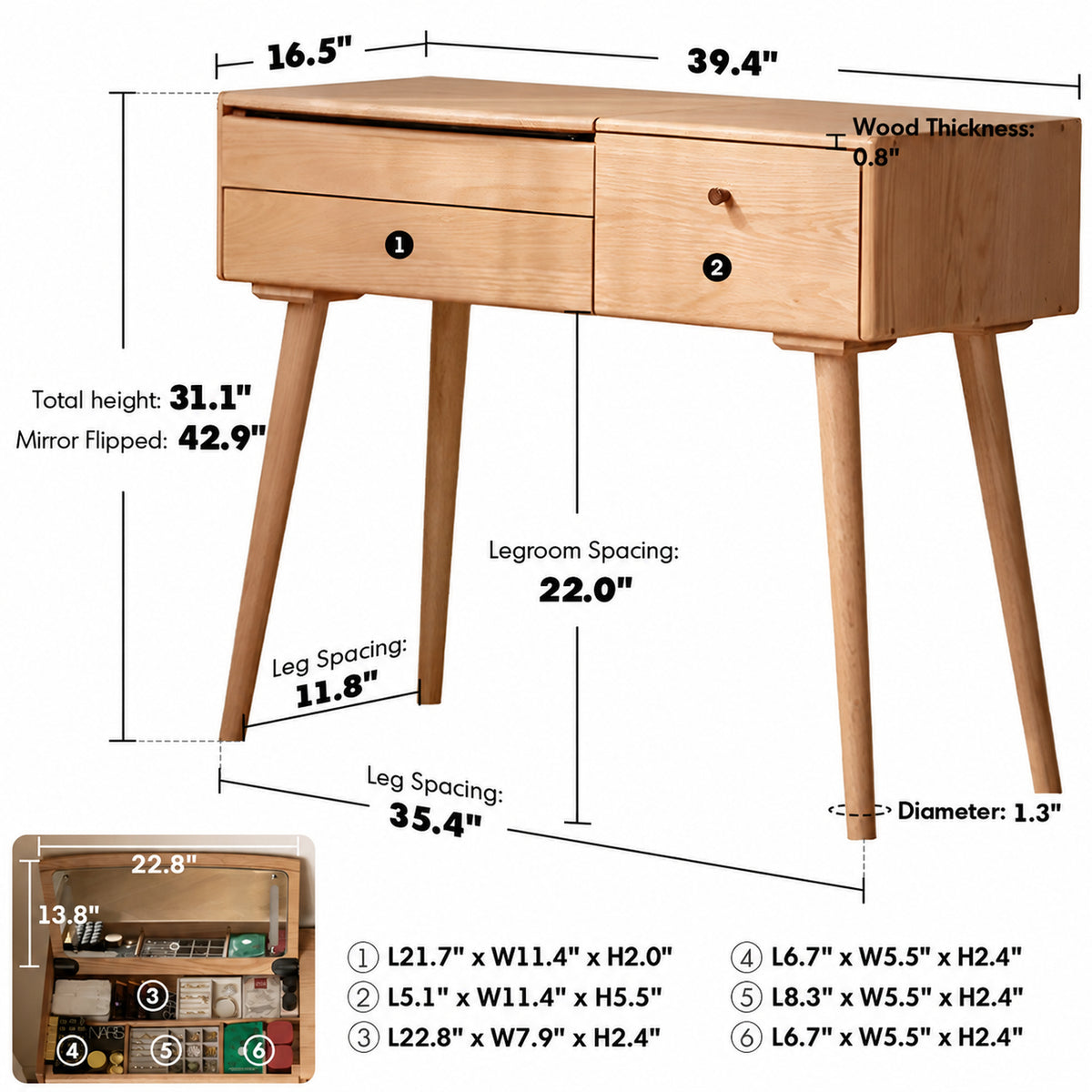 Scandinavian Oak Wood Dressing Table AURA Size Chart_2