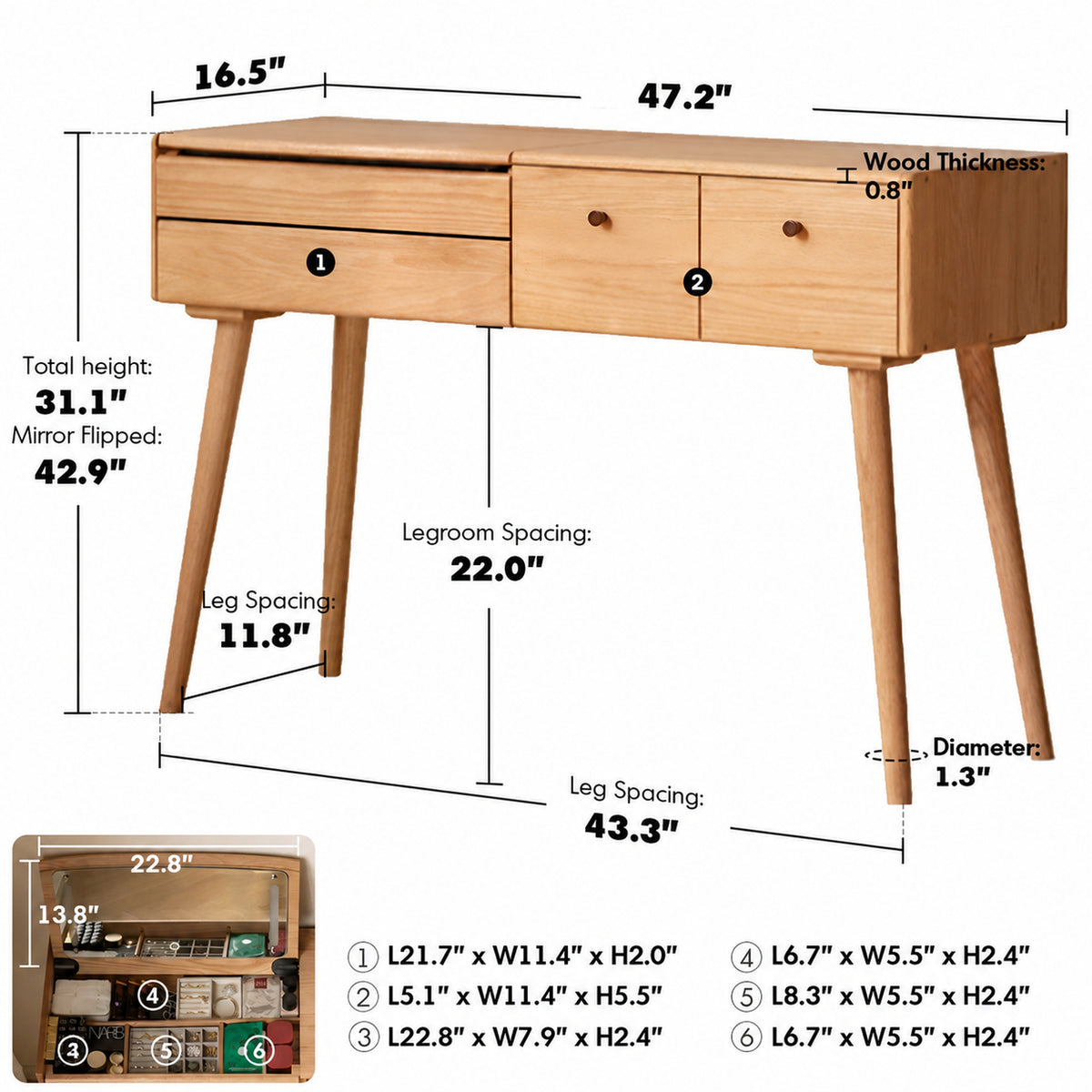 Scandinavian Oak Wood Dressing Table AURA Size Chart_3