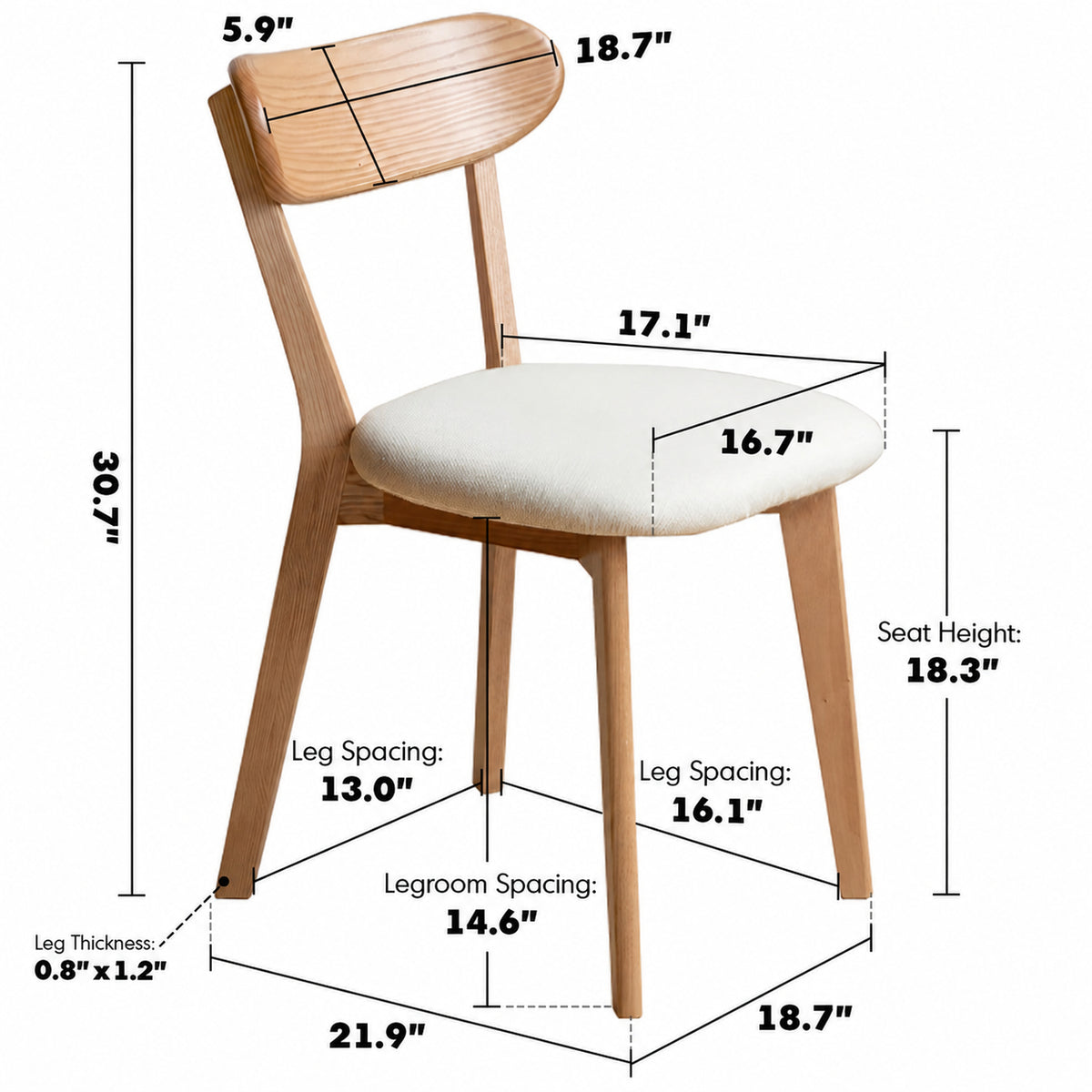 Scandinavian Oak Wood Mixed Weave Fabric Cover Removable Dining Chair BREEZE Size Chart