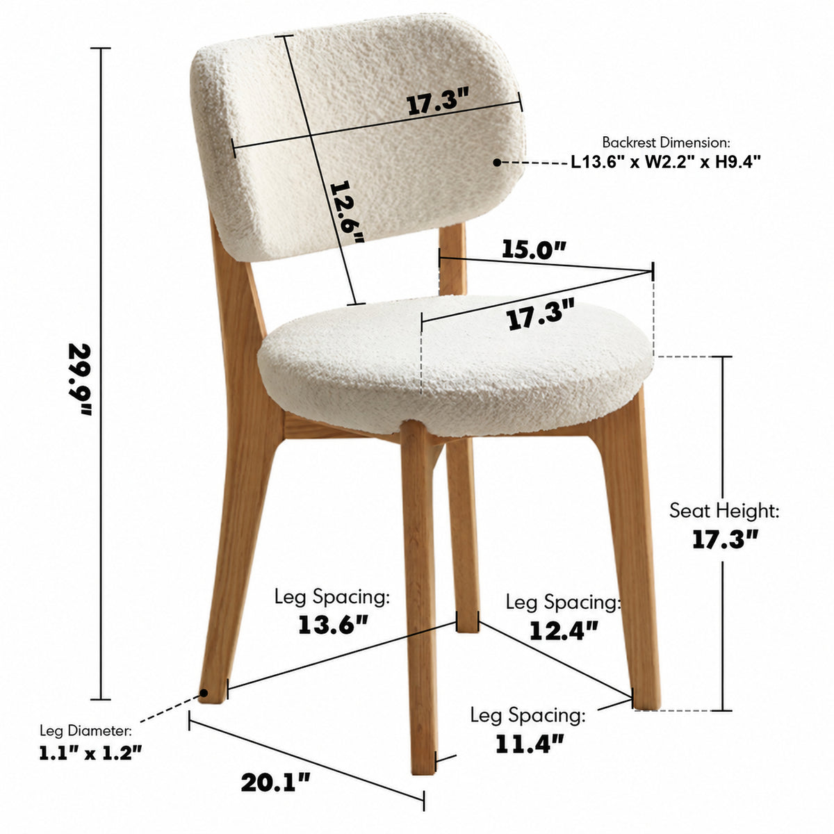 Scandinavian Oak Wood Boucle Fabric Cover Removable Dining Chair CLOUD Size Chart