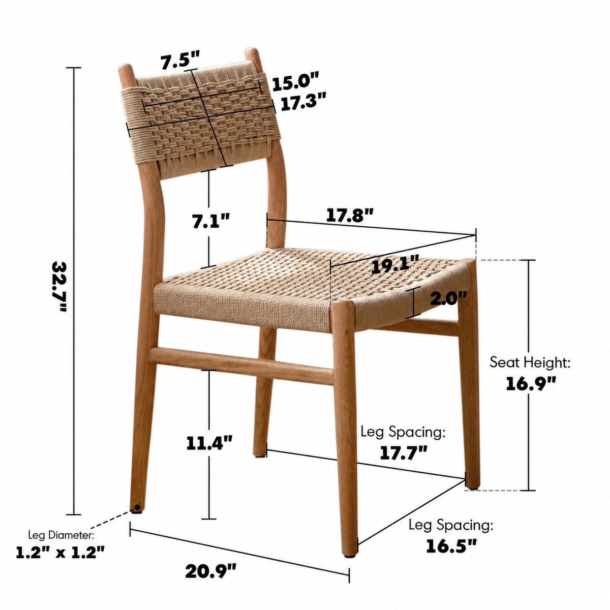 Scandinavian Oak Wood Woven Rope Dining Chair WEAVE Size Chart
