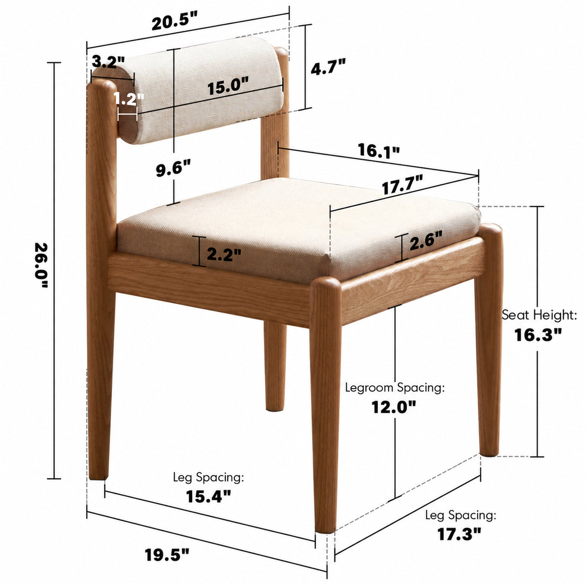 Scandinavian Oak Wood Mixed Weave Fabric Dining Chair PILLAR Size Chart