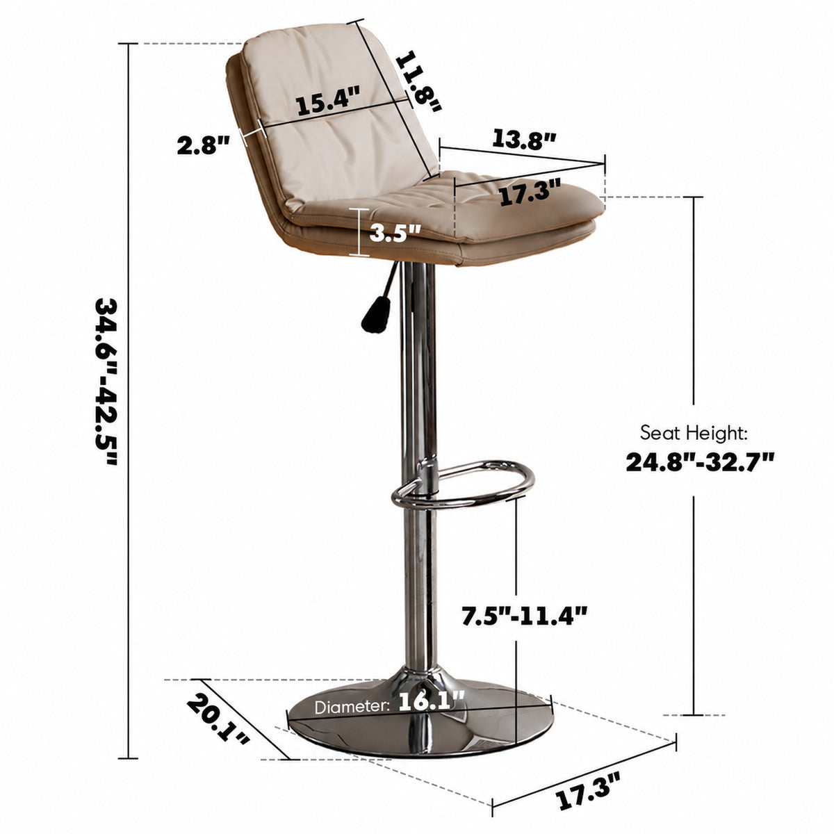 Modern PU Leather Height Adjustable Revolving Bar Chair SPIN Size Chart