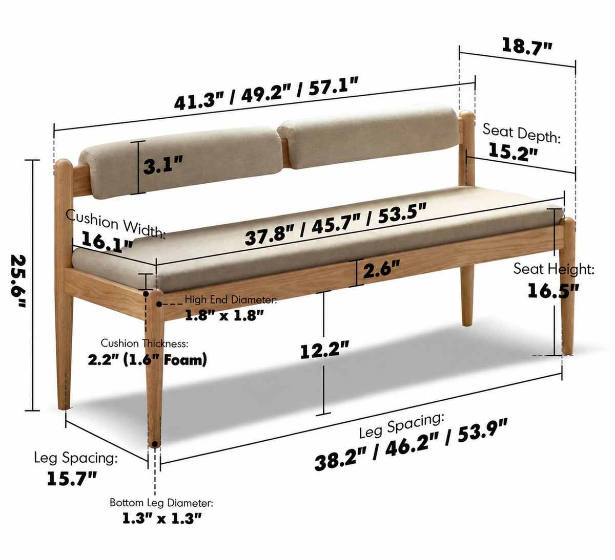 Scandinavian Oak Wood Mixed Weave Fabric Dining Bench PILLAR Size Chart
