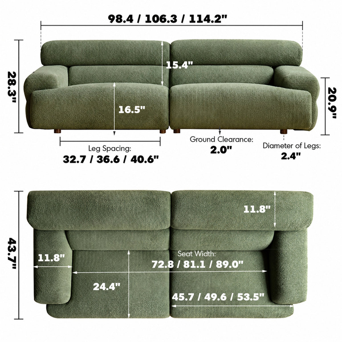 Modern Boucle Fabric 4 Seater Sofa SLEEPO Size Chart